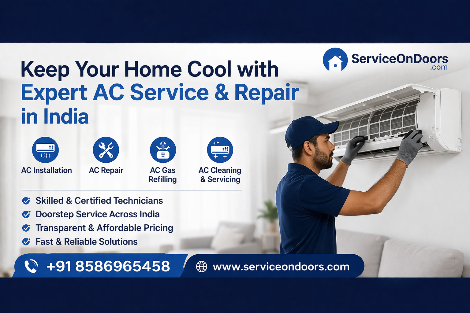 AC Service & Repair in India | Expert AC Installation, Cleaning & Gas Refilling | ServiceOnDoors | 8586965458